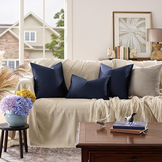 GIGIZAZA Navy Blue Velvet Pillow Covers 22x22, Square Solid Throw Pillow Covers - Image 2