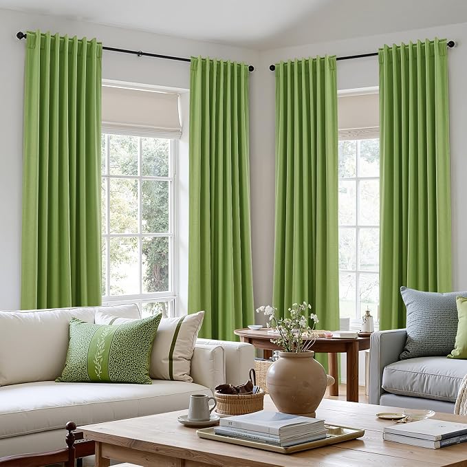 Guken Lime Green 100% Blackout Linen Curtains 108 Inch Length 2 Panels Set - Image 10
