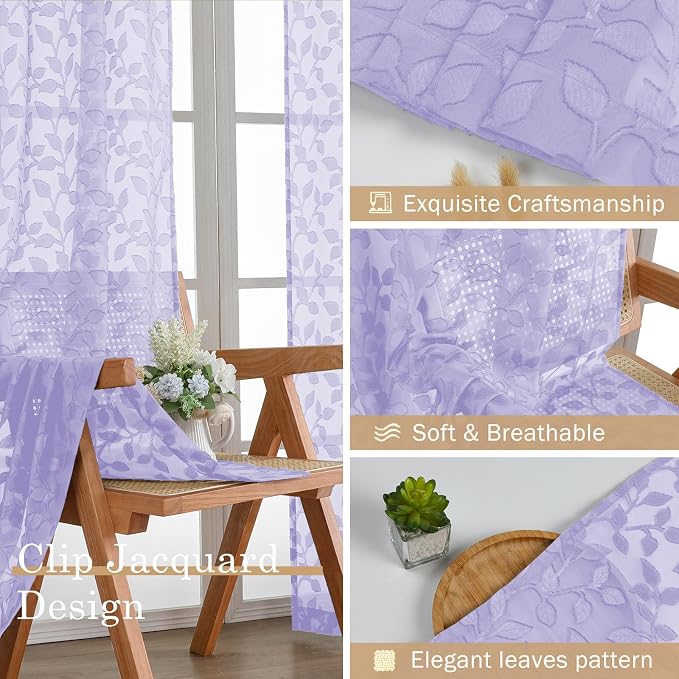 Chyhomenyc Light Purple Sheer Curtains 36 Inch Length, Light Filtering Leaf - Image 7