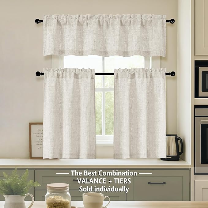 OVZME Natural Valance for Windows, Light Filtering Faux Linen Textured Small - Image 2