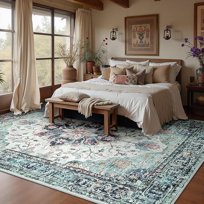 Area Rugs 10'x12' Washable Non-Slip, Floral Vintage Distress Print Pattern - Image 2