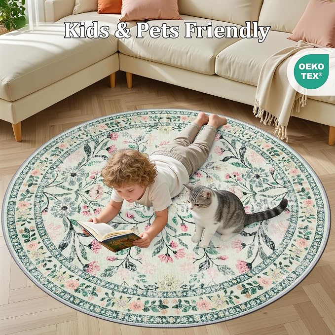Round Area Rug for Living Room: 4 ft Floral Washable Circle Rug Soft Non-Slip - Image 8