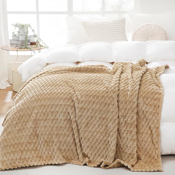 Puncuntex Beige Throw Blanket 60"×80" inches Fuzzy 3D Jacquard Decorative - Image 3
