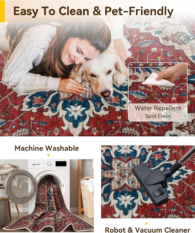 Area Rugs 3'x5' Washable Non-Slip, Floral Vintage Distress Print Pattern - Image 4