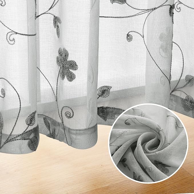 HOMEIDEAS Grey Sheer Curtains 63 Inches Long 2 Panels Embroidered Floral - Image 5