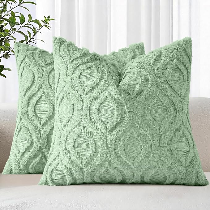 decorUhome Throw Pillow Covers 26x26 Inch Set of 2, Soft Plush Faux Wool Sage by decorUhome