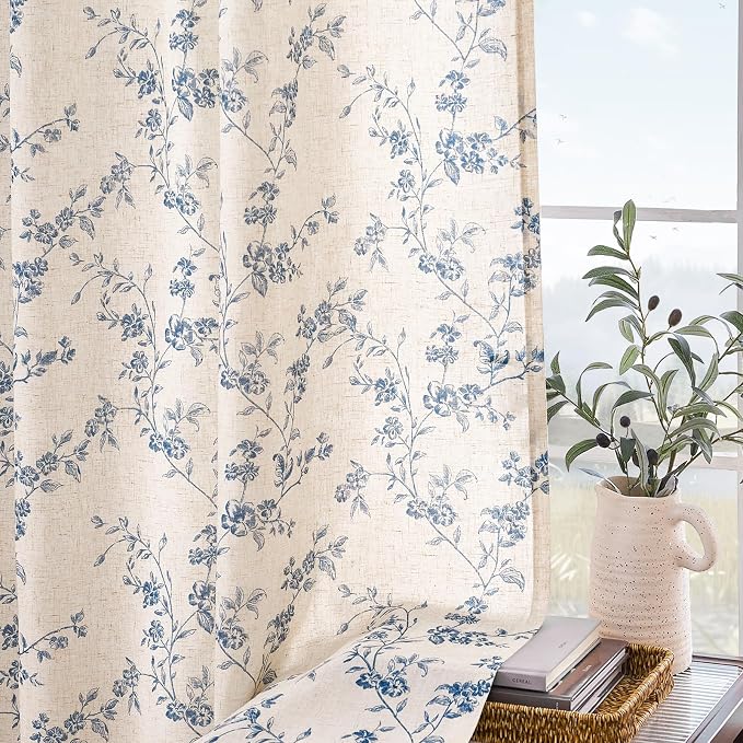 Lazzzy Blue Floral Linen Curtains 96 Inch Farmhouse Back Tab Drapes - Image 8