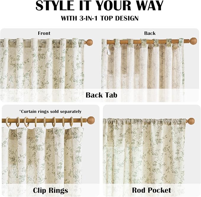 Lazzzy Farmhouse Linen Curtains Green Floral Curtains 96 Inch Length Back Tab - Image 5