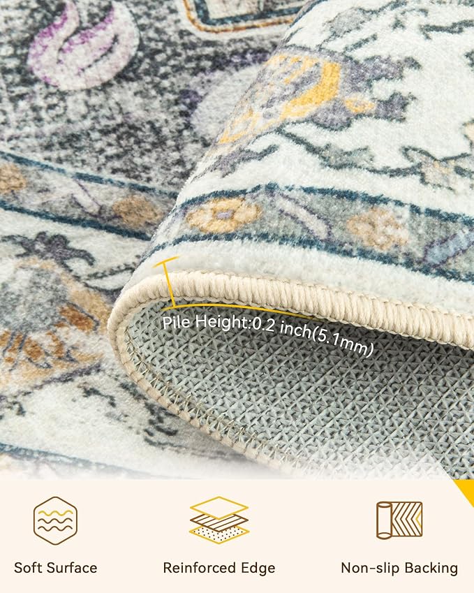 Area Rugs 5ft Washable Non-Slip, Floral Vintage Distress Print Pattern - Image 3