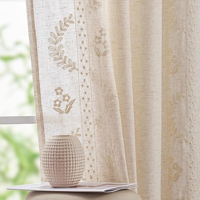 jinchan Belrose Linen Curtains for Bedroom Floral Curtains 108 Inch Length by JINCHAN