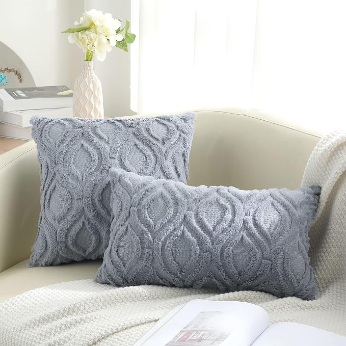 decorUhome Throw Pillow Covers 12x20 Inch Set of 2, Soft Plush Faux Wool Blue - Image 6