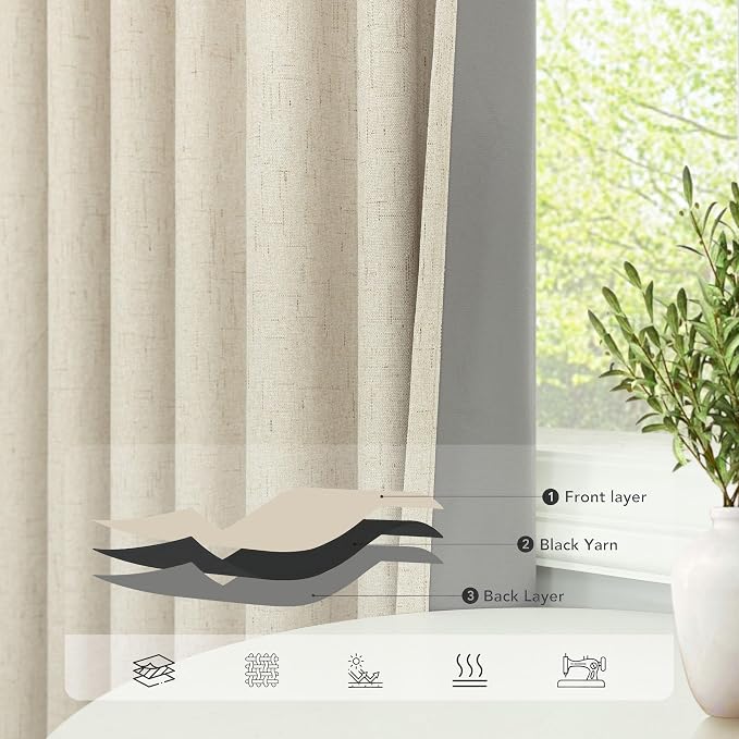 100% Blackout Neutral Curtains for Living Room 96 Inches Long 8 ft Faux Linen - Image 5