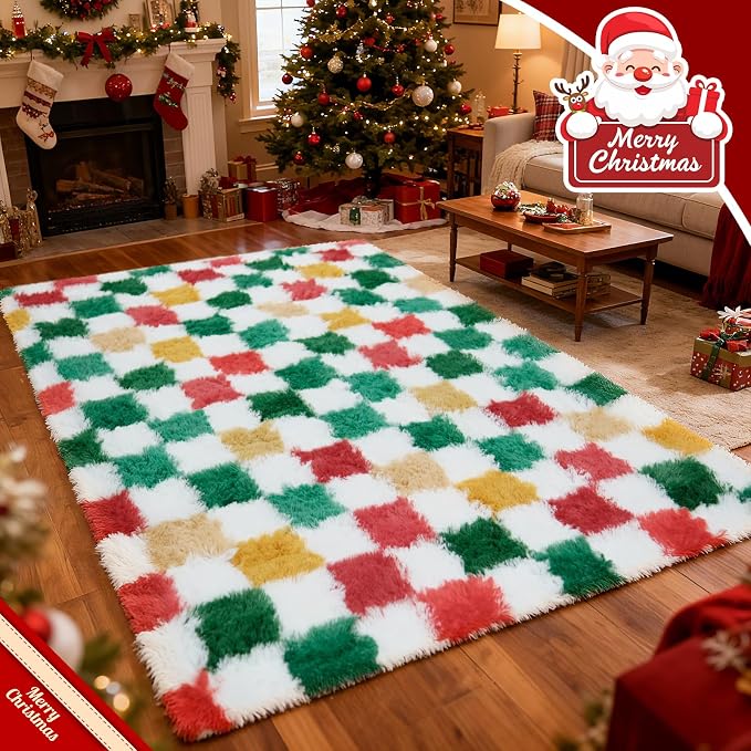 Checkered Area Rug 5x8 for Bedroom Living Room, Christmas Shag Rug Fuzzy Shaggy - Image 4