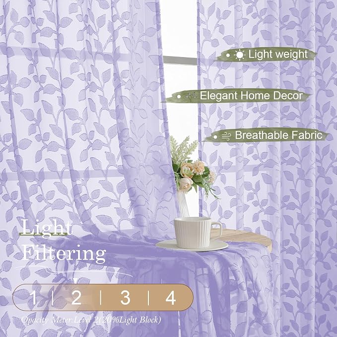 Chyhomenyc Light Purple Sheer Curtains 90 Inch Length 2 Panels Set, Light - Image 2