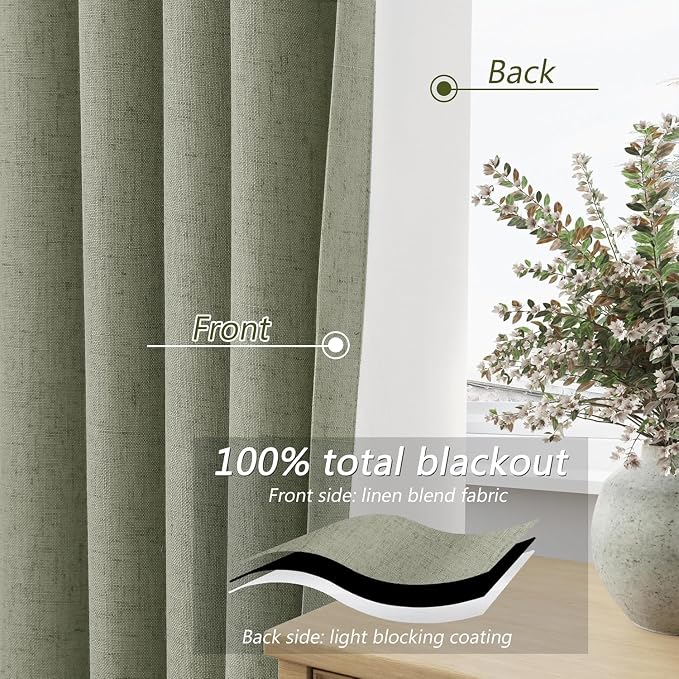 Guken 100% Blackout Linen Curtains 112 Inch Wide by 52 Inch 2 Panels Set - Image 4