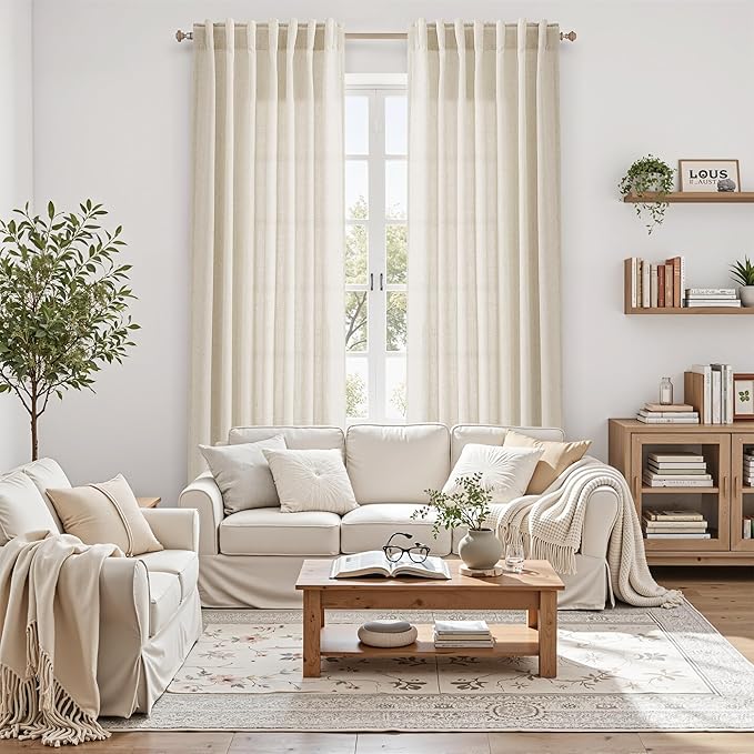 Nanspring Living Room Curtains 63 Inch Length Linen Birch Beige Luxury Light - Image 6