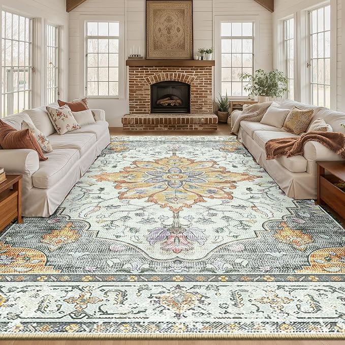 RELEANY Area Rugs 10'x12' Washable Non-Slip, Floral Vintage Distress Print by RELEANY