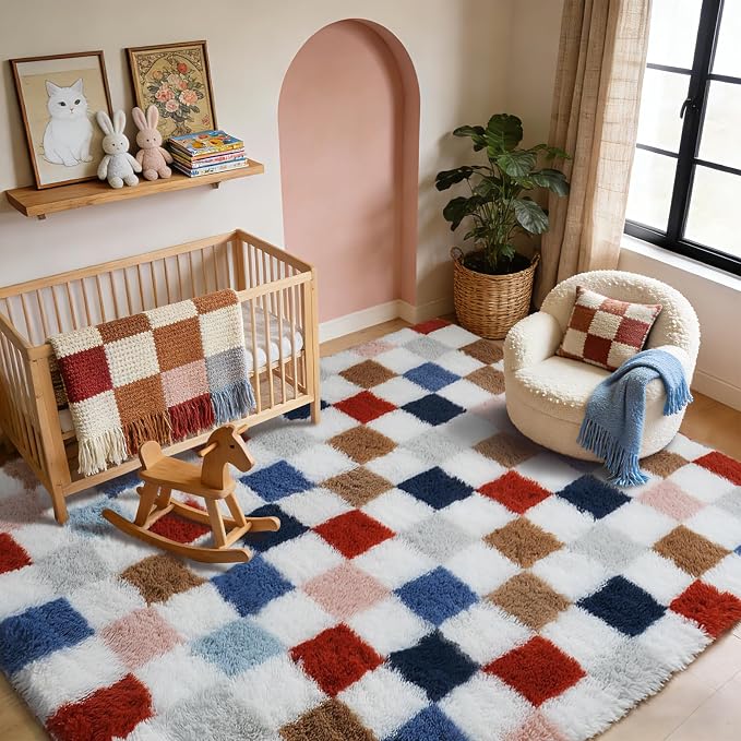Shag Area Rug for Bedroom Living Room, 6x9 Fluffy Soft Colorful Checkered Rug - Image 5