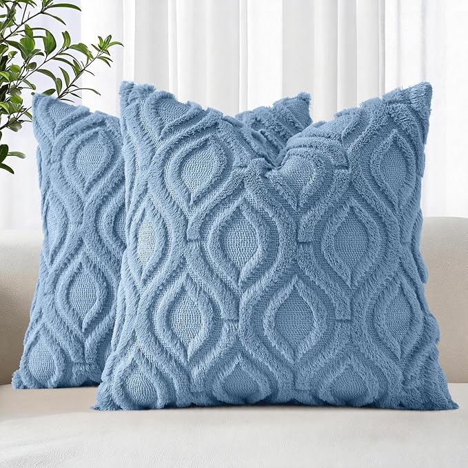 decorUhome Throw Pillow Covers 26x26 Inch Set of 2, Soft Plush Faux Wool Blue by decorUhome