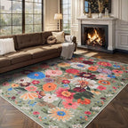 Green Area Rugs 9x12 Living Room Washable Rug Non Slip Floral Low Pile Large Rug - Image 6