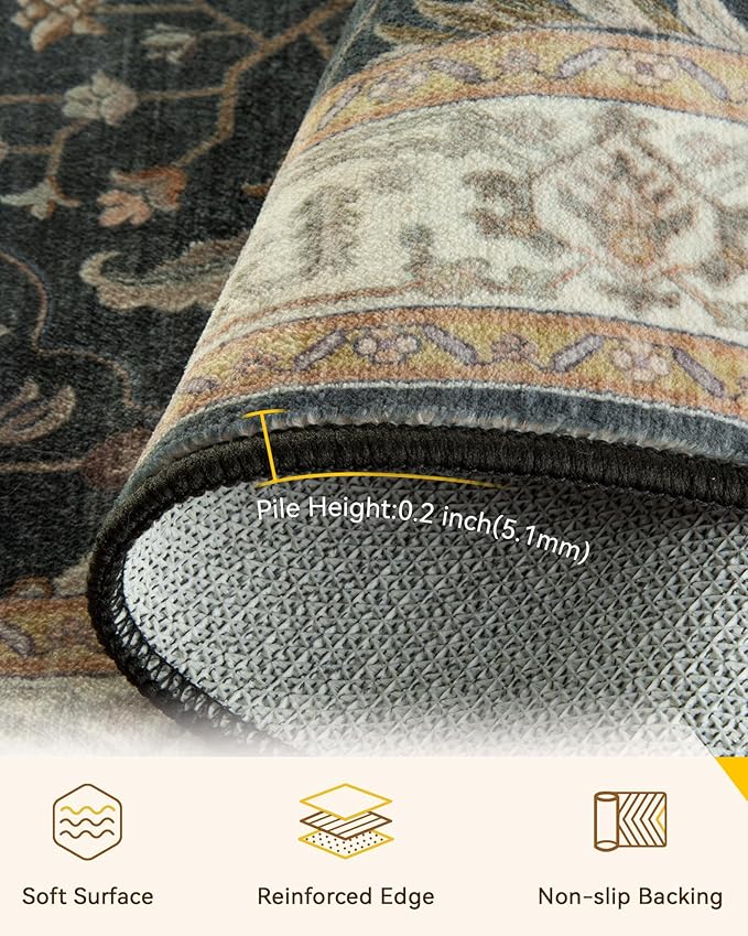 Area Rugs 4'x6' Washable Non-Slip, Floral Vintage Distress Print Pattern - Image 3