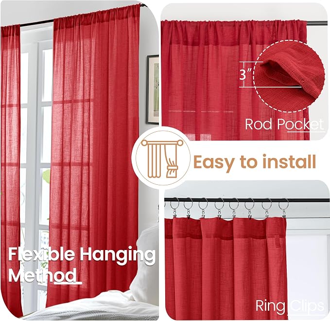 BGment Red Linen Curtains 90 Inch Length - Image 6
