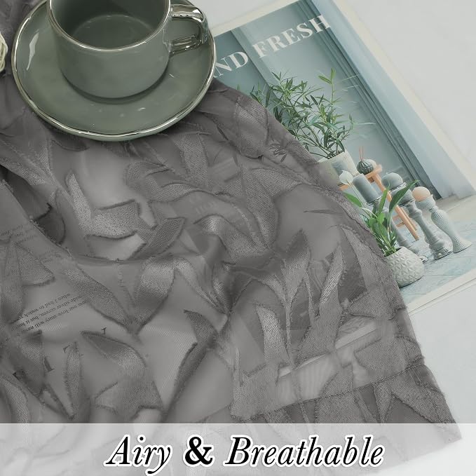 Lecloud Leia Charcoal Grey Sheer Curtains 16 Inch Length 2 Pcs, Jacquard Leaf - Image 2