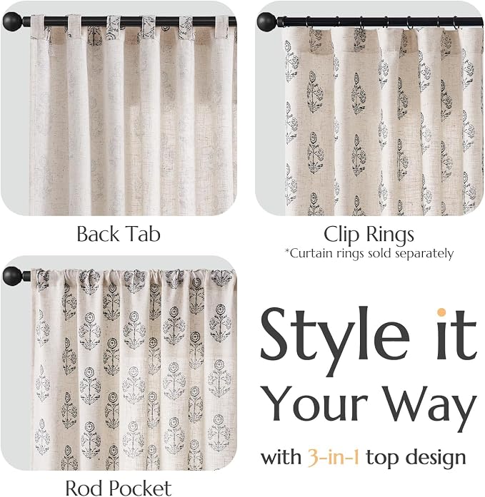 jinchan Linen Floral Curtains for Living Room 63 Inch Length Black Flower - Image 6