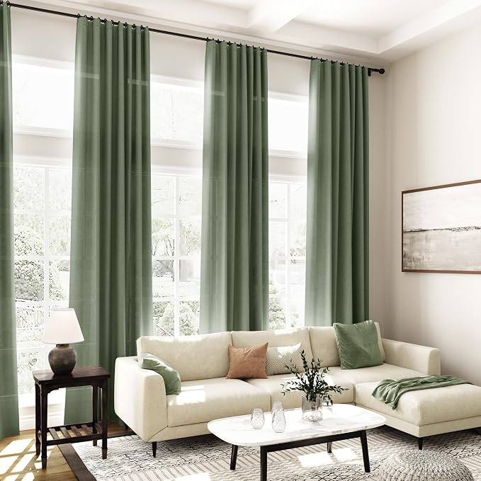 Nanspring Olive Green Linen Sheer Back Tab Curtains 45 Inch Length Semi Sheer - Image 7