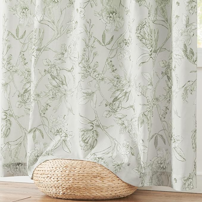 jinchan Floral Curtains 84 Inches Long Sage Green Flower Linen Farmhouse Curtain - Image 7