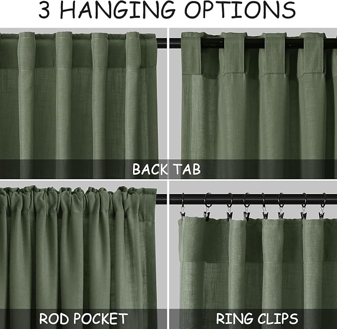 Nanspring Olive Green Linen Curtains 30 Inch Length Short Kitchen, Semi Sheer - Image 2