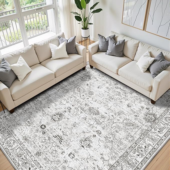 Grey White Area Rugs 10x14 Living Room, Non Slip Machine Washable Floral Rugs - Image 7