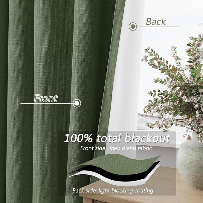 Guken Olive Green 100% Blackout Curtains 120 Inch Length 2 Panels Set - Image 4