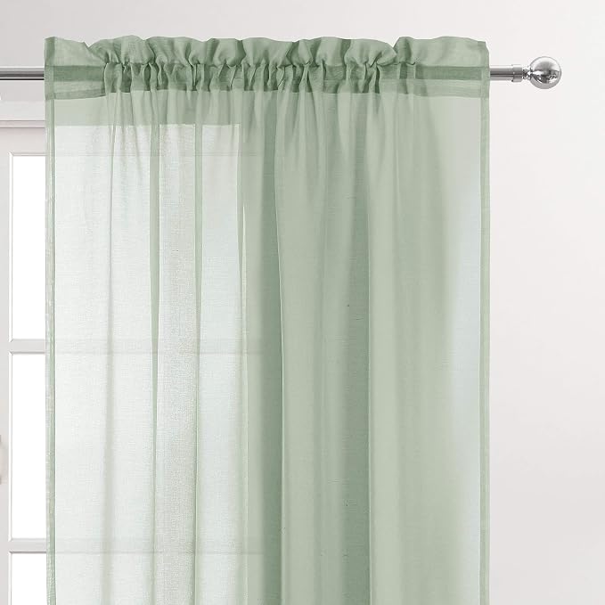 DWCN Bean Green Sheer Curtains Semi Transparent Voile Rod Pocket Curtains - Image 3