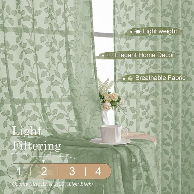 Chyhomenyc Sage Green Sheer Curtains 84 Inch Length 2 Panels Set, Light - Image 2
