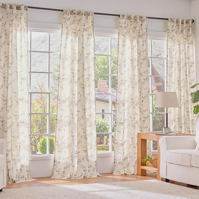 Lazzzy Farmhouse Linen Curtains Extra Long Gray Floral Curtains 108 Inch Long - Image 7