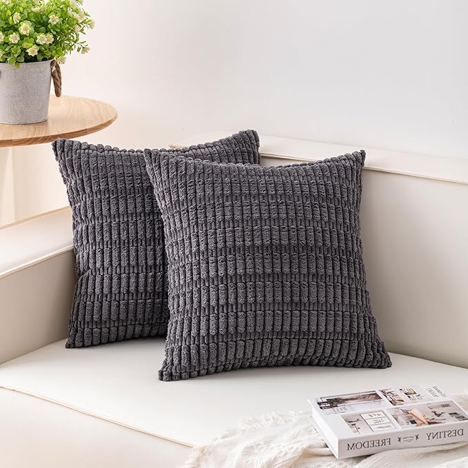 Pack of 2 Corduroy Decorative Throw Pillow Covers 22x22 Inch Soft Striped by Unknown
