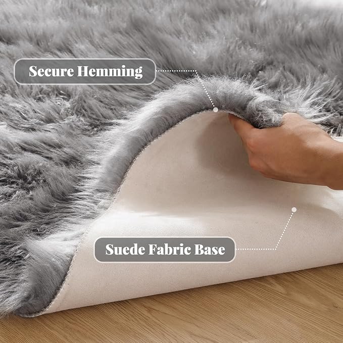 ORINOVA Silver Grey Faux Sheepskin Washable Shaggy Fur Area Rugs - Image 2