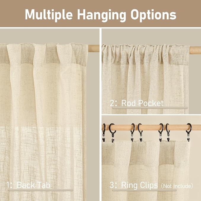 LAMIT Beige Linen Curtains for Living Room 2 Panels Set, 68 Inch Faux Linen - Image 2