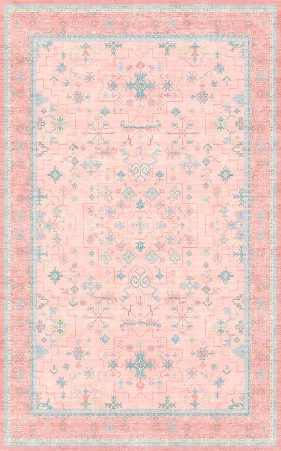Hazo Haus Pink and Blue Washable 5x8 Living Room Rugs, Boho Aethestic Oushak - Image 2