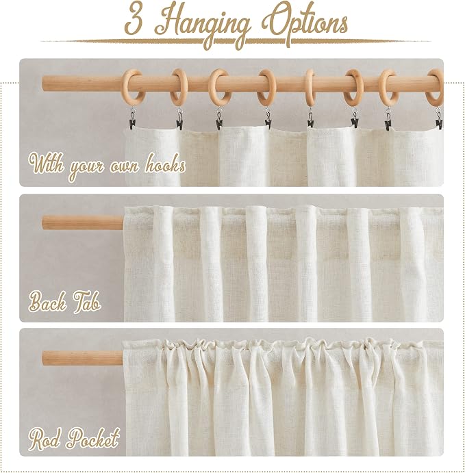 NICETOWN Cafe Curtains 30 inch Length, Rod Pocket & Back Tab Natural Linen - Image 3