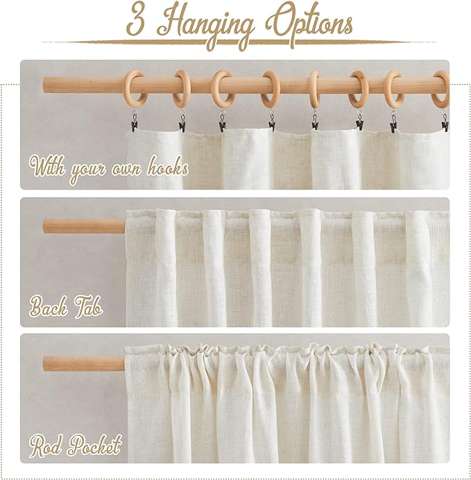 NICETOWN Natural Linen Kitchen Curtains 26 inches Long, Rod Pocket & Back Tab - Image 2