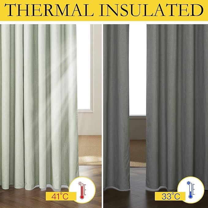 NICETOWN Sage Green High-End Thermal Flax Linen Curtains, Full Blackout Privacy - Image 3