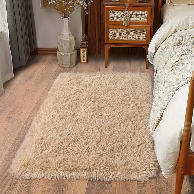 Soft Runner Rugs for Bedroom Hallways, 2x3 Beige Fluffy Shag Throw Area Rug for by Ailyei