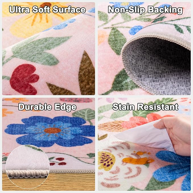 Area Rugs 9x12 Living Room: Floral Washable Rug Vintage Large Soft Boho - Image 6