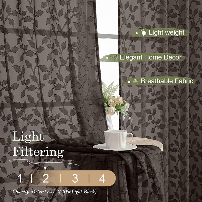 Chyhomenyc Extra Long Chocolate Sheer Curtains 108 Inch Length 2 Panels Set - Image 2