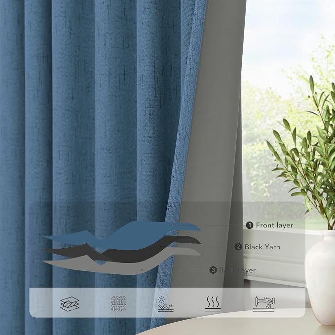 Denim Blue Living Room Black Out Curtains 63 Inch Long Insulated Thermal - Image 5