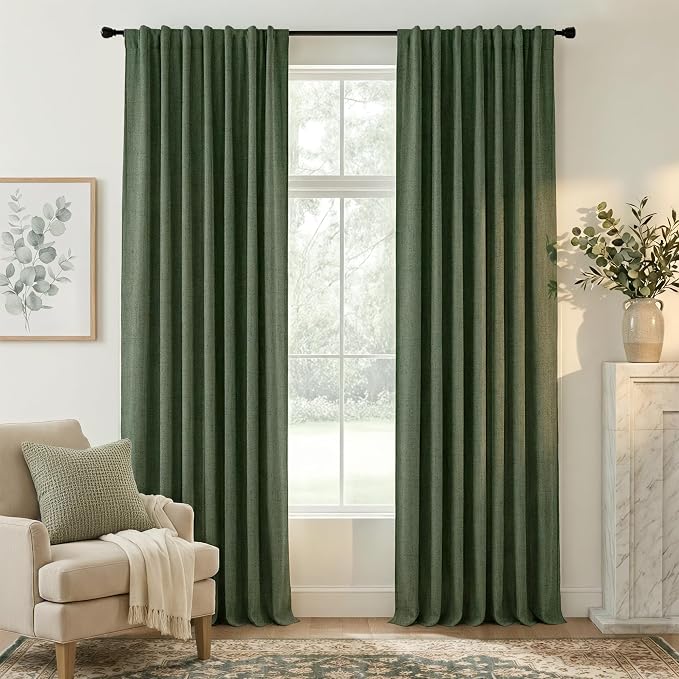 RYB HOME Olive Green 100% Blackout Linen Curtains 90 inches Long, Luxury by RYBHOME
