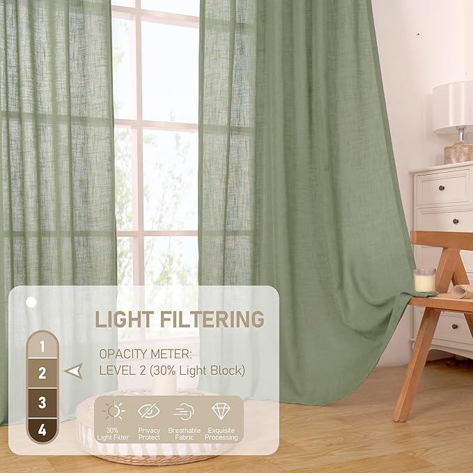 LAMIT Sage Green Light Filtering Linen Curtains 68 inches Long - Image 4