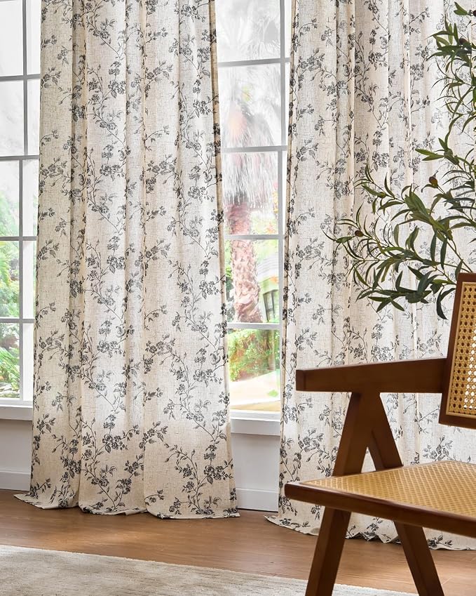 Lazzzy Farmhouse Linen Curtains Black Floral Curtains 84 Inch Length Back Tab - Image 8